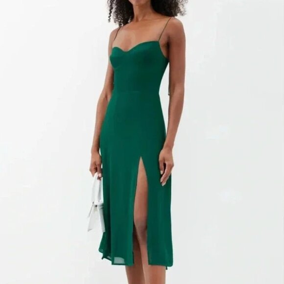 Reformation Juliette Side-Slit Crepe Midi Dress Green 4 - Picture 1 of 5